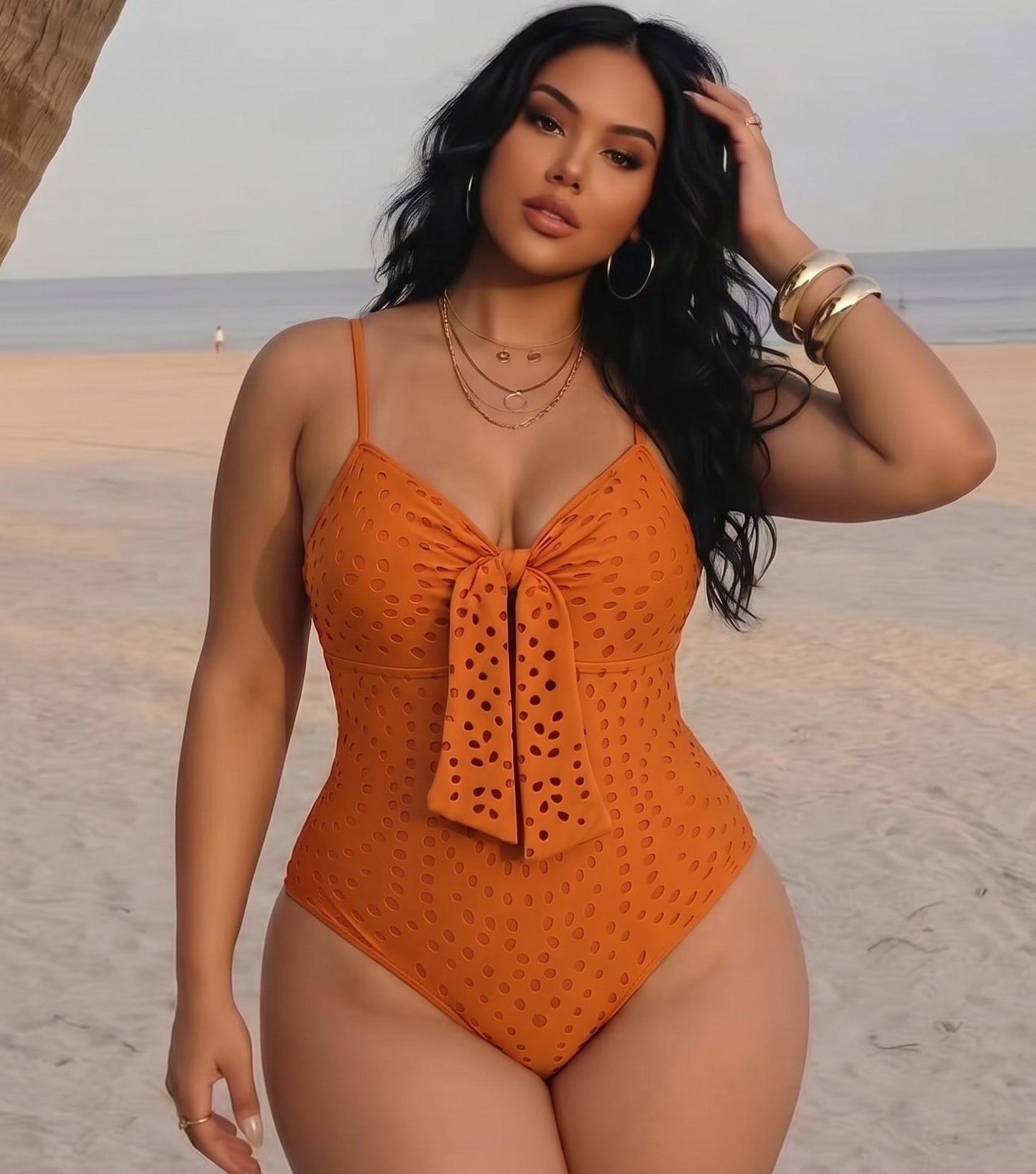 Plus Size Sling Cut Out Bow Tie One Piece Swimsuit and Skirt