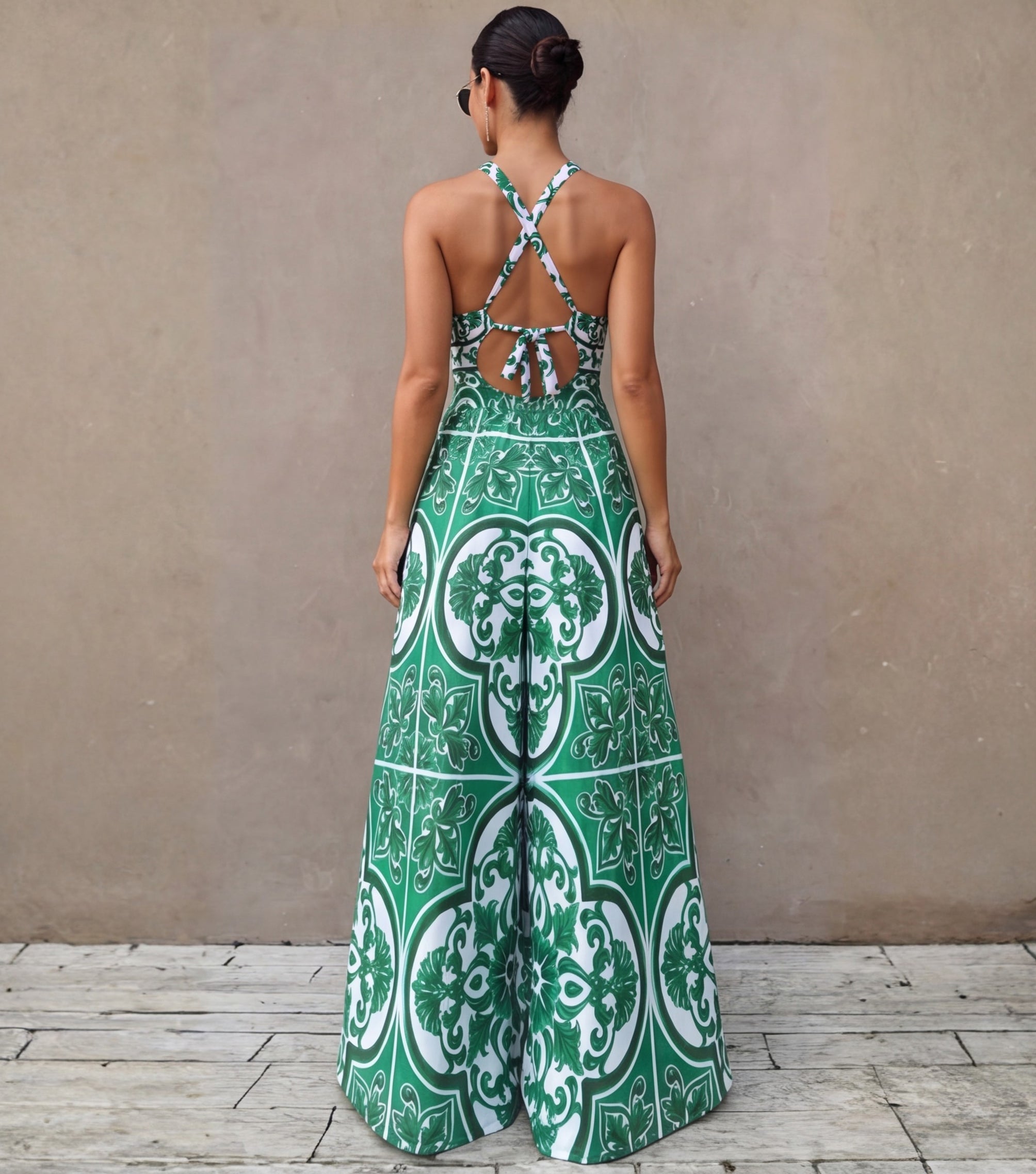 V Neck Classic Majolica Series Pattern Print One Piece Swimsuit and Pants or Skirt