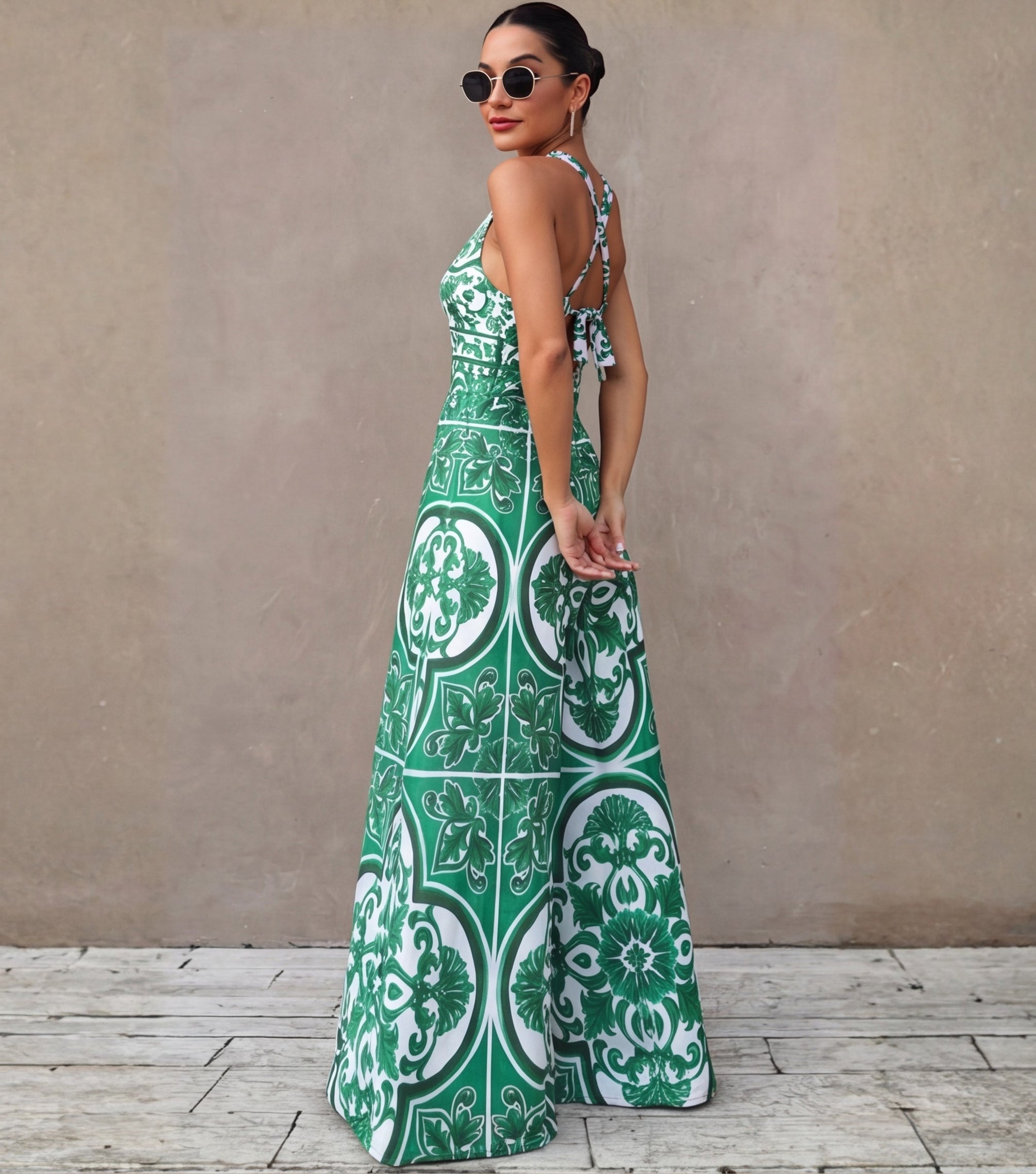 V Neck Classic Majolica Series Pattern Print One Piece Swimsuit and Pants or Skirt