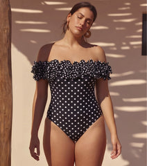 Plus Size Bandeau Polka Dot Print One Piece Swimsuit and Skirt