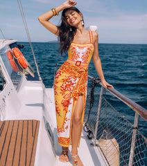 Sling Creative Flower Butterfly Lily Print One Piece Swimsuit and Sarong or Pants