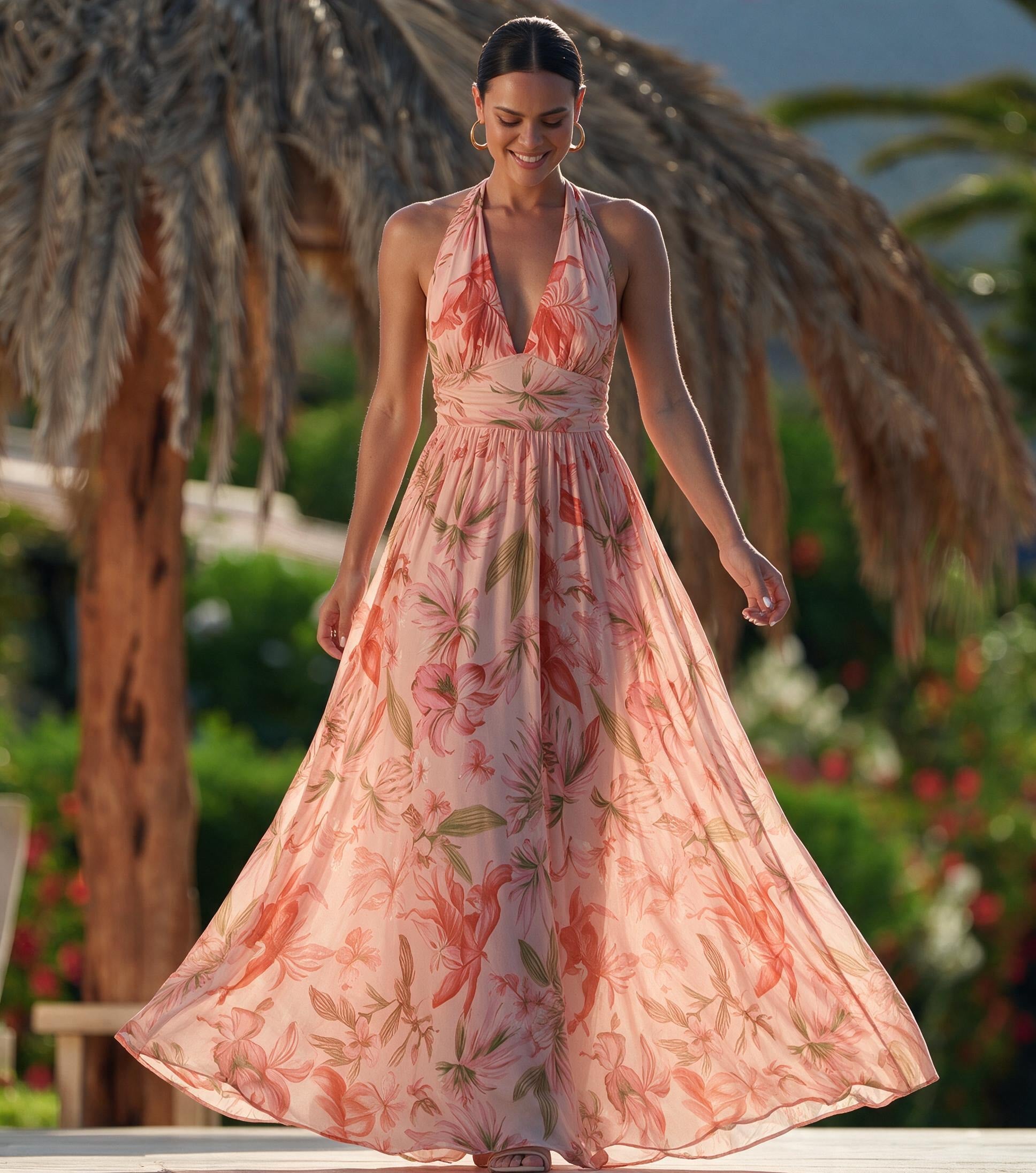 V-neck Pink Lily Print Swimsuit Set(s)