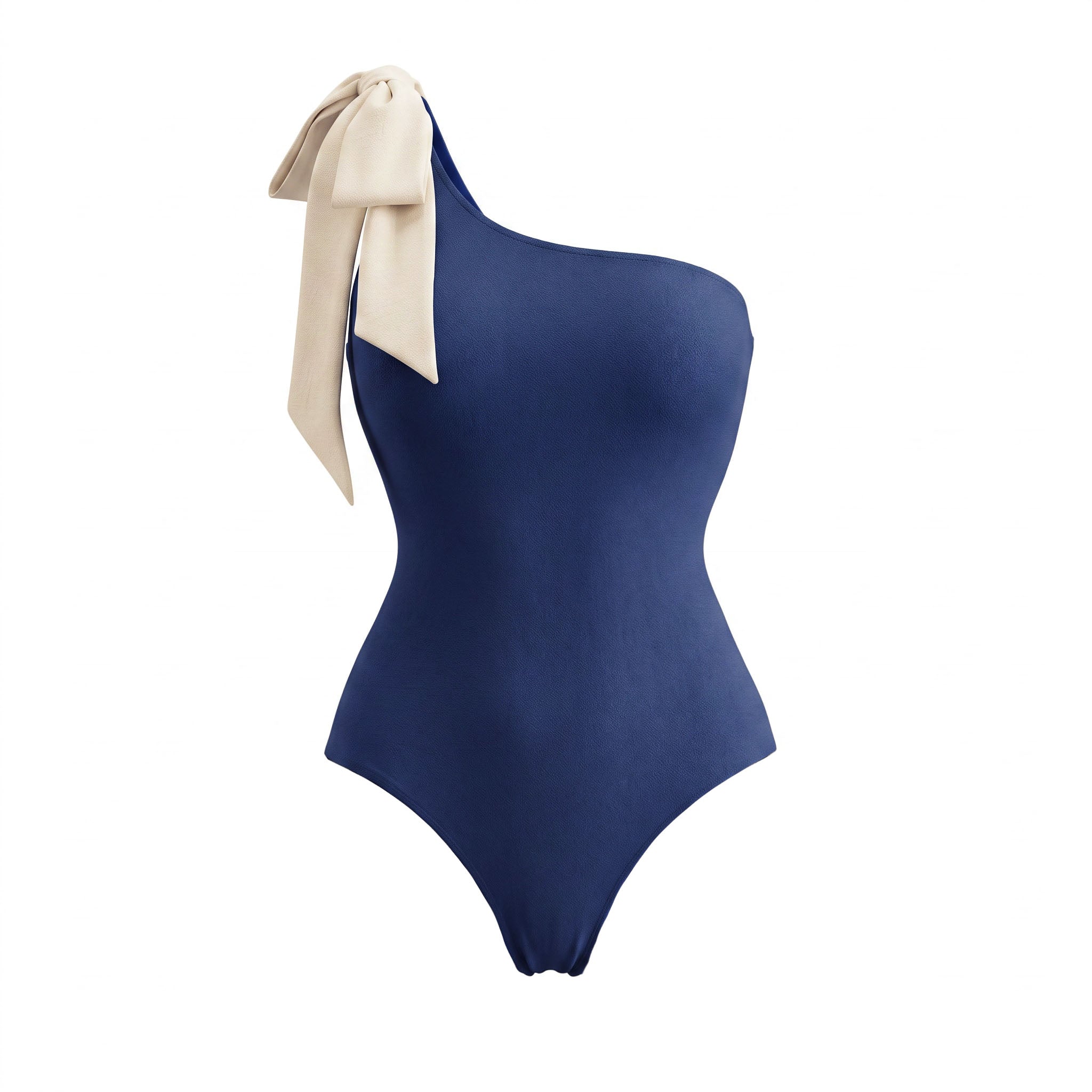 One Shoulder Bow Blue Solid Color Swimsuit Set(s)