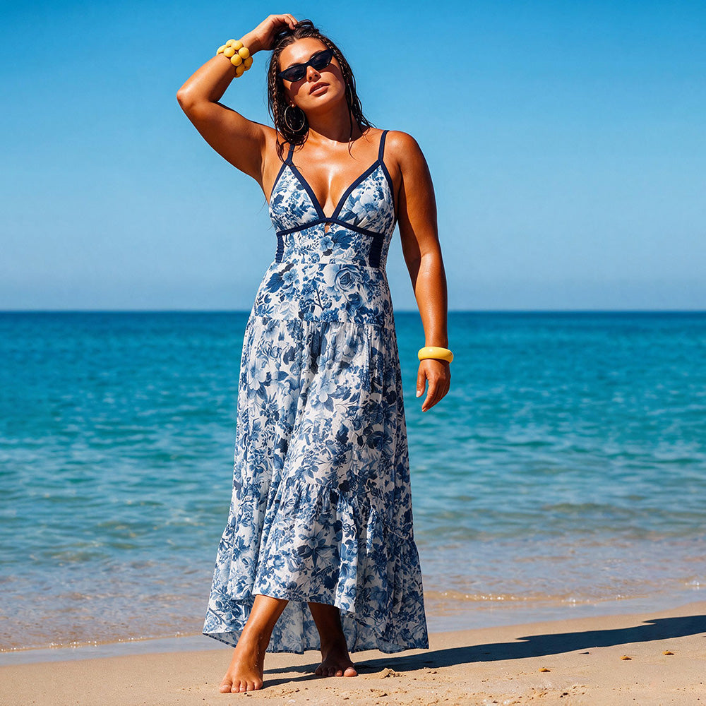 Plus Size V Neck Blossom Print Swimsuit Set(s)