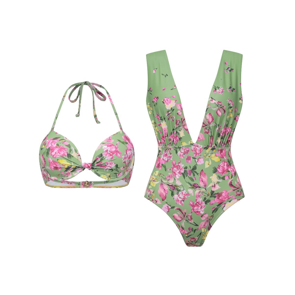Plus Size Floral Bikini & Plunging Ruched Swim Set