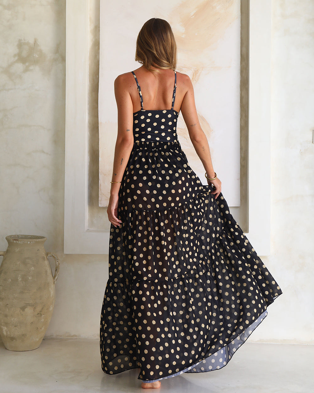 Plus Size Black and Gold Polka Dots V-neck One Piece Swimsuit and Skirt