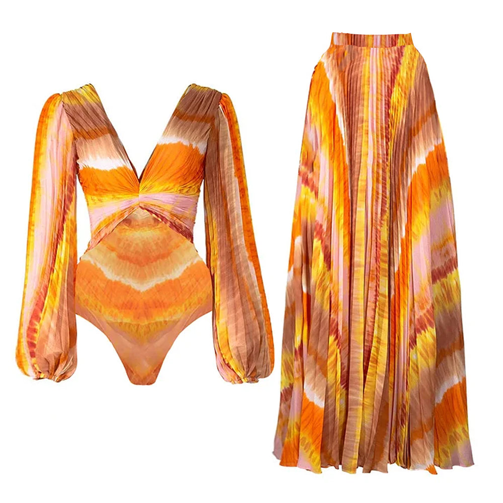 Plus Size V Neck Chiffon Long Sleeve Orange One Piece Swimsuit and Skirt Flaxmaker