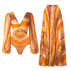 Plus Size V Neck Chiffon Long Sleeve Orange One Piece Swimsuit and Skirt Flaxmaker