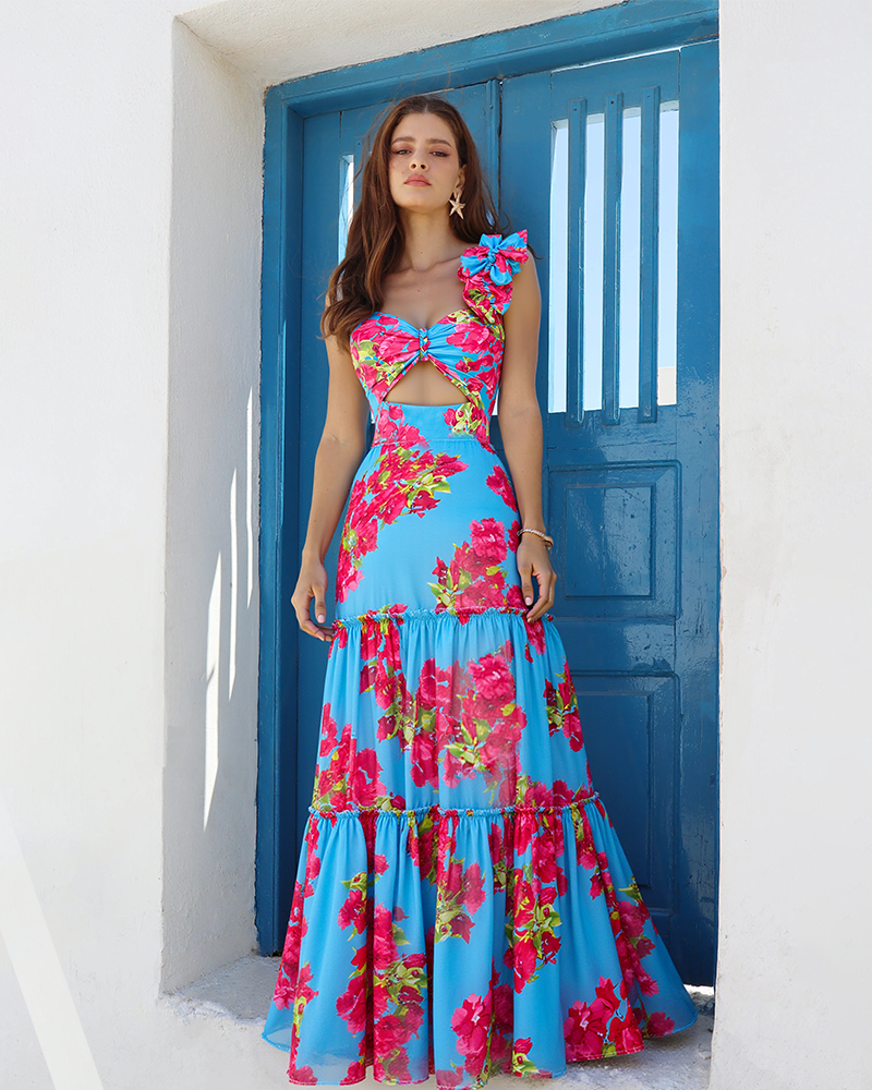 Plus Size Ruffle Removable Shoulder Strap Pink Bougainvillea Flower Swimsuit and Skirt