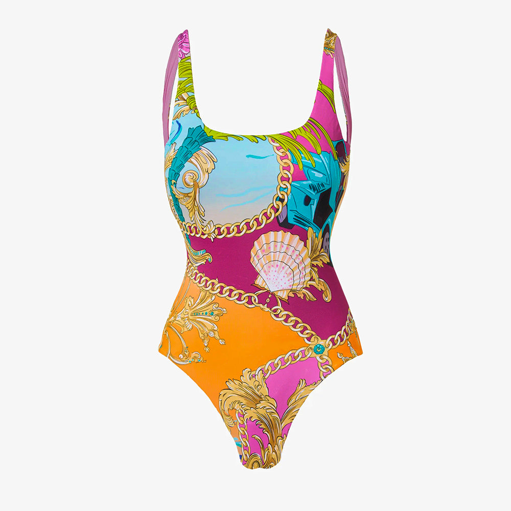 Plus Size Round Neck Shell Print One Piece Swimsuit and Sarong or Skirt