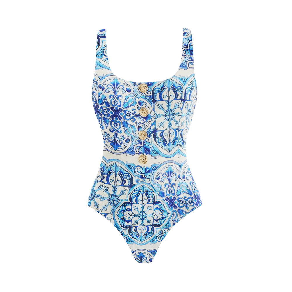 Plus Size Button Decoration Vintage Print One Piece Swimsuit and Skirt