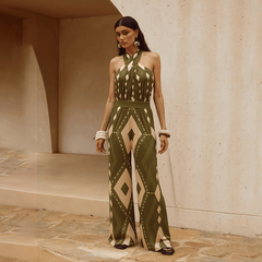 Halter Neck Geometric Pattern Print One Piece Swimsuit and Pants