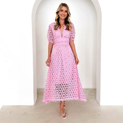 V Neck Puff Sleeve Lace Dress