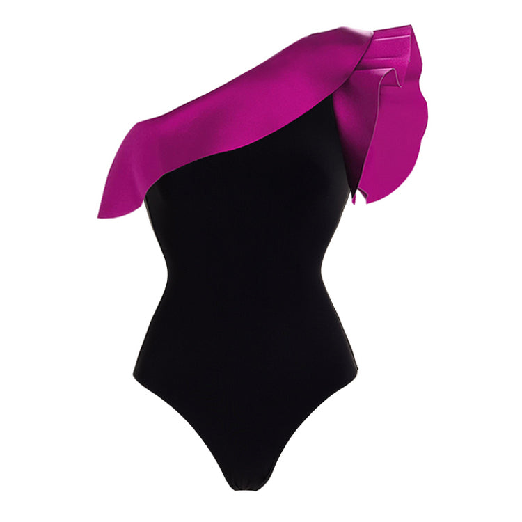 One Shoulder Ruffle Color Block One Piece Swimsuit and Sarong Flaxmaker