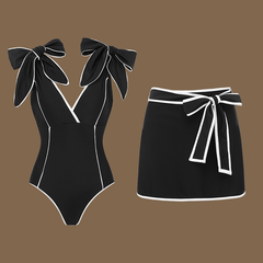 Plus Size Black and White Bowknot Shoulder One Piece Swimsuit and Skirt