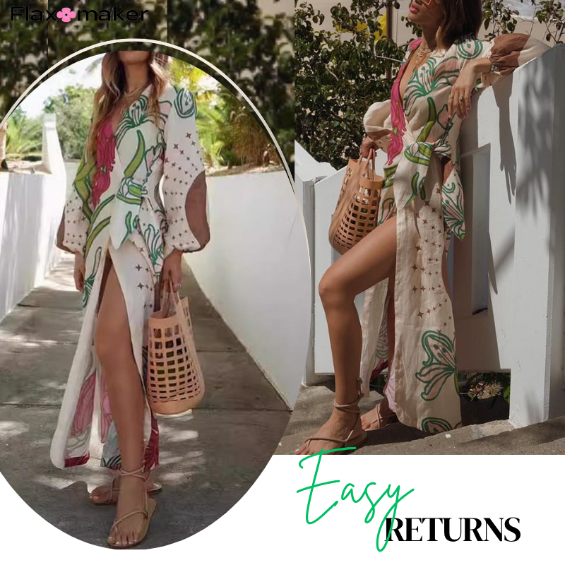 Puff Sleeve V Neck Printed Dress