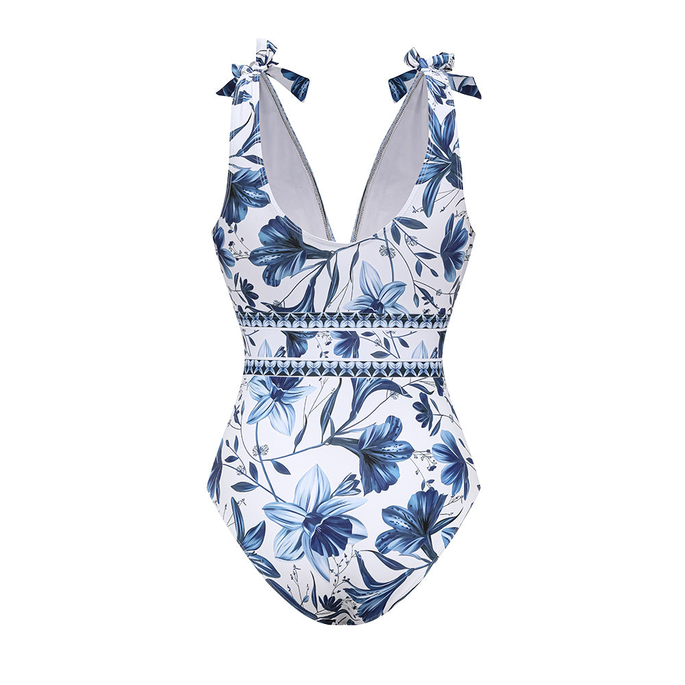 Plus Size V Neck Lace Up Printed One Piece Swimsuit and Skirt