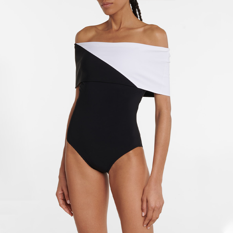 Plus Size Off Shoulder Color Block One Piece Swimsuit and Skirt