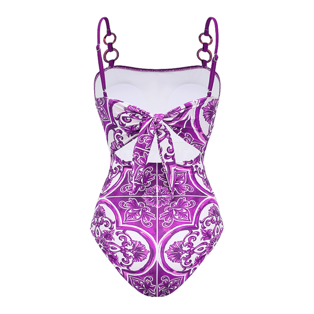Plus Size Sling Classic Majolica Series Pattern Print One Piece Swimsuit and Skirt or Shorts