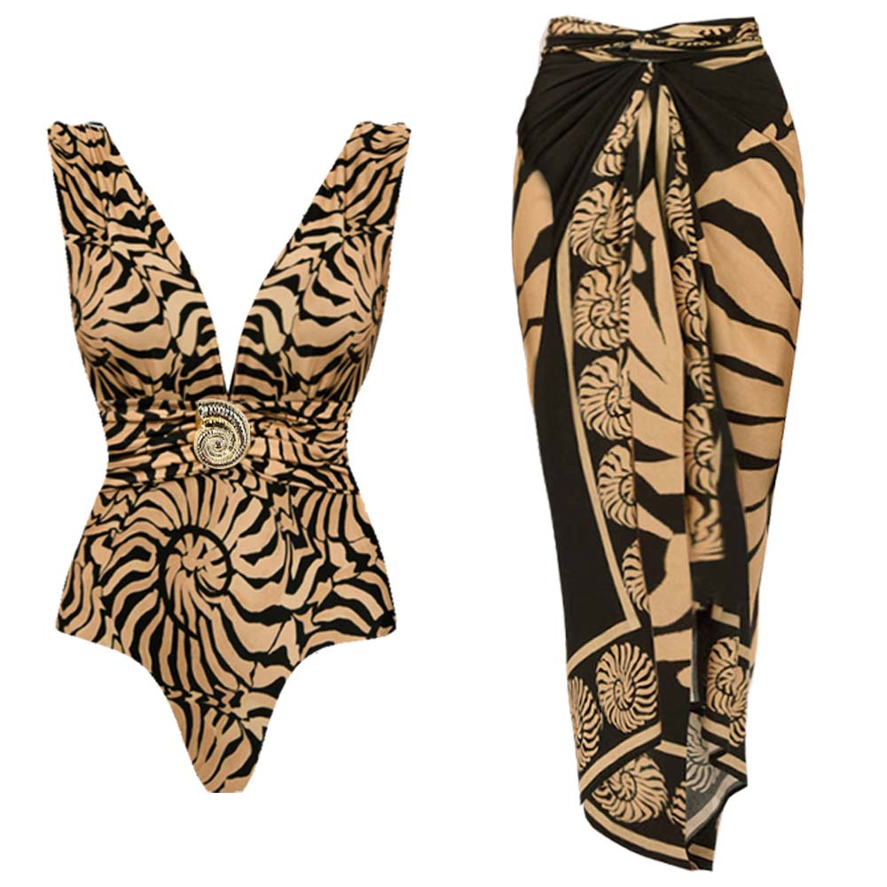 Plus Size V-Neck Marine Thread One Piece Swimsuit and Sarong