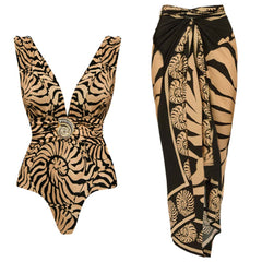 Plus Size V-Neck Marine Thread One Piece Swimsuit and Sarong