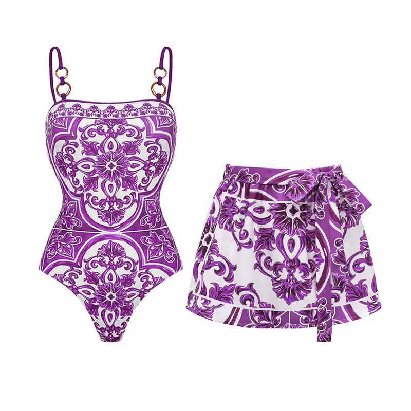 Plus Size Sling Classic Majolica Series Pattern Print One Piece Swimsuit and Skirt or Shorts