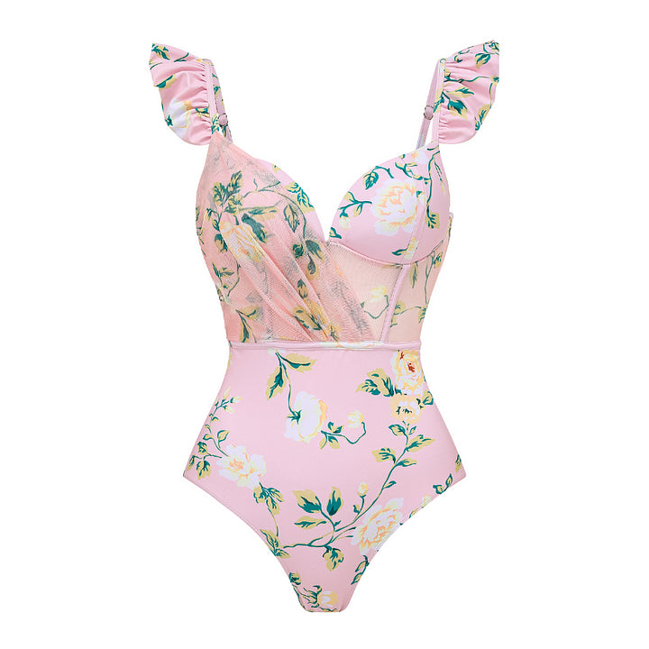 Plus Size Mini Ruffled Floral Print One Piece Swimsuit and Skirt Flaxmaker