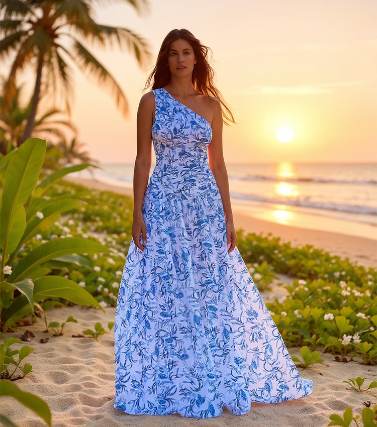 Plus Size Oblique Shoulder Printed One Piece Swimsuit and Skirt