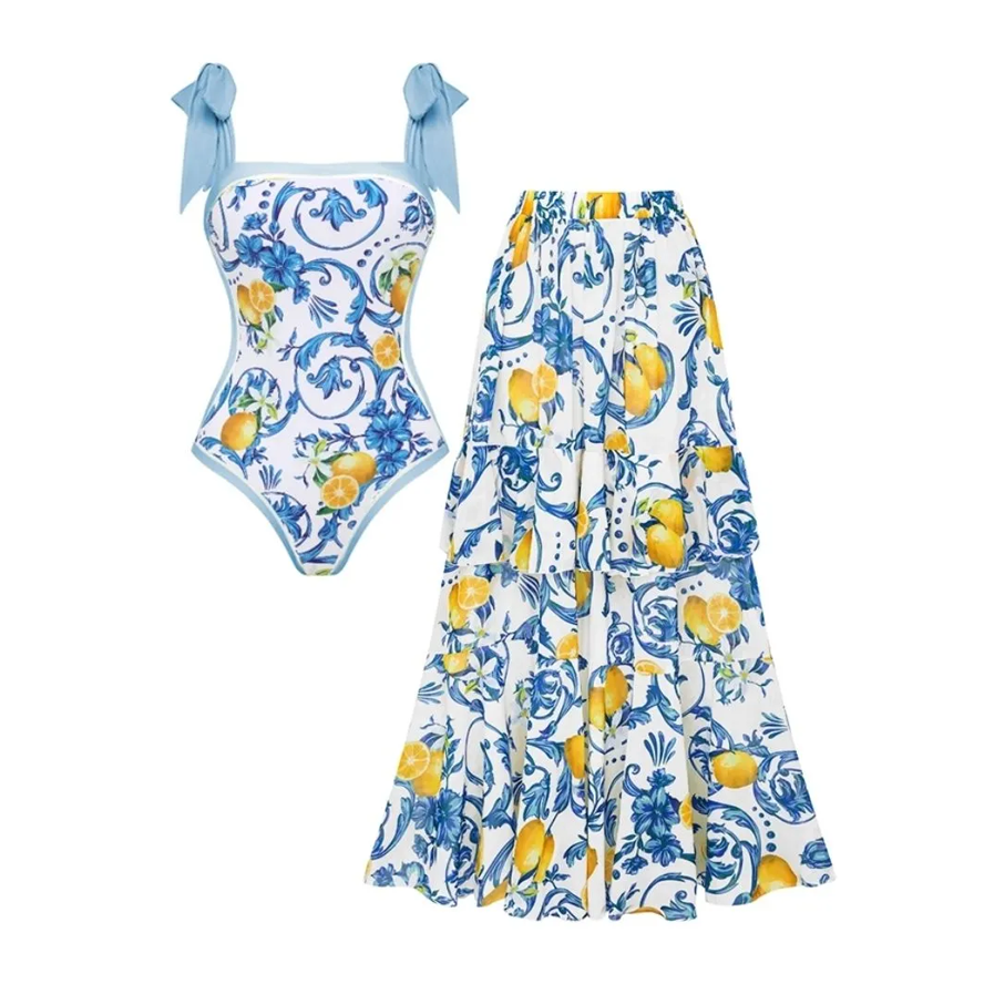 Plus Size Lemon Print Tie-shoulder One Piece Swimsuit and Sarong or Skirt Flaxmaker