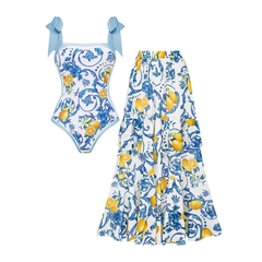 Lemon Print Tie-shoulder One Piece Swimsuit and Sarong or Skirt Flaxmaker