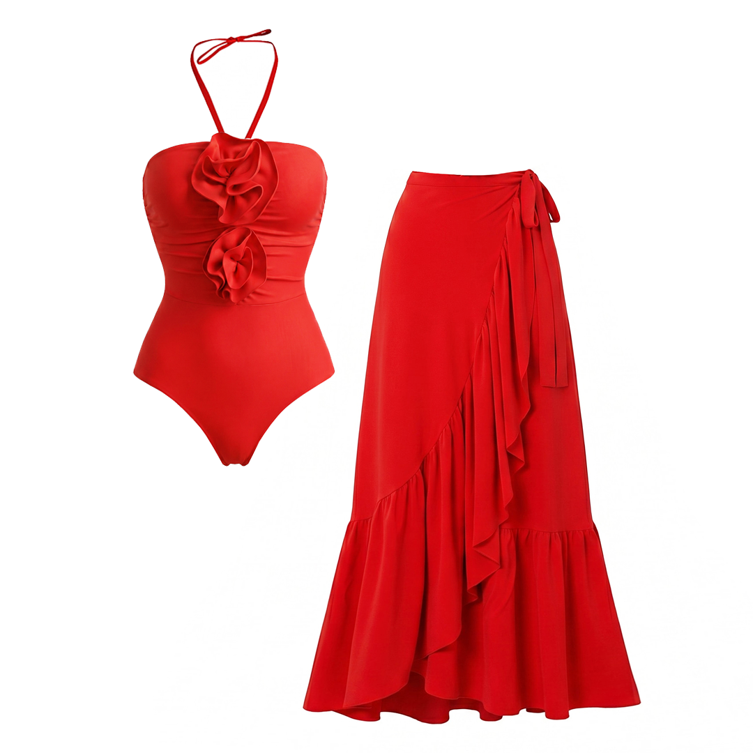Plus Size Halter 3D Flower One Piece Swimsuit and Skirt Flaxmaker