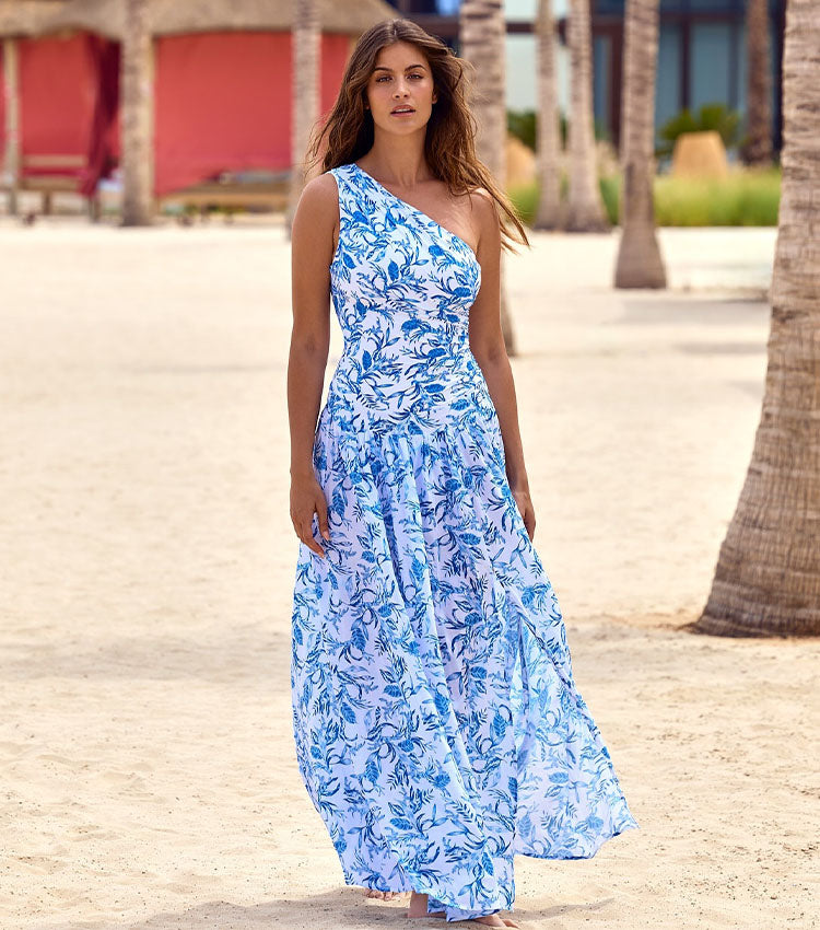Plus Size Oblique Shoulder Printed One Piece Swimsuit and Skirt