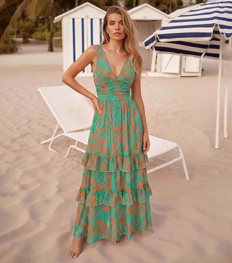 Bandage Bowknot Design Color Block Printed Swimsuit Set(s)