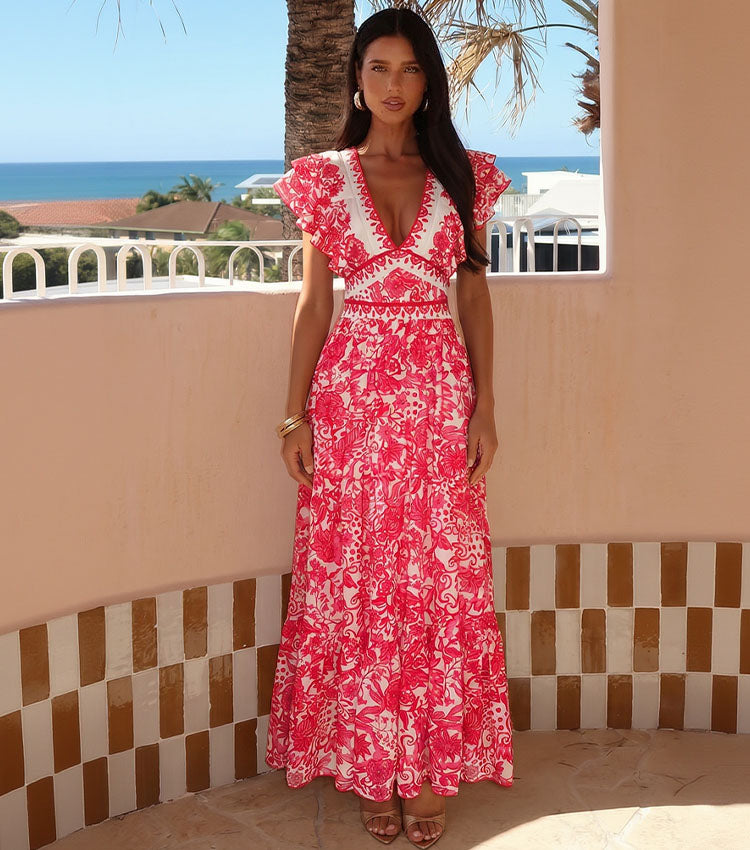 V Neck Ruffle Printed Swimsuit Set(s)