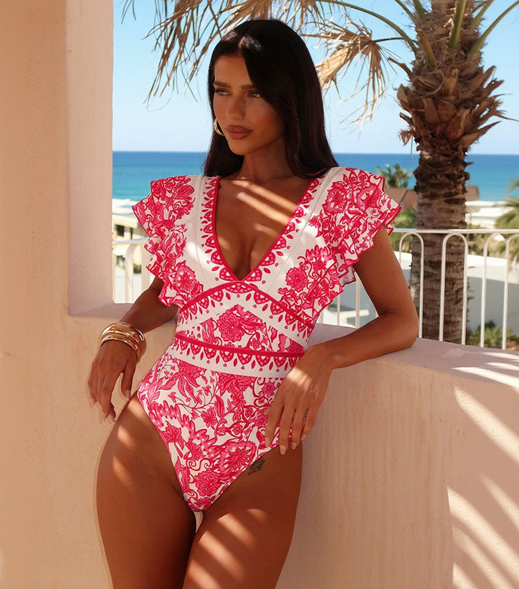 V Neck Ruffle Printed Swimsuit Set(s)