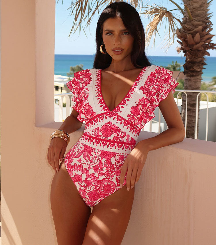 V Neck Ruffle Printed Swimsuit Set(s)