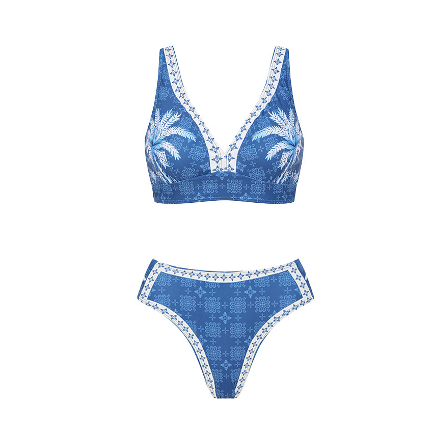 V Neck Blue Coconut Tree Print Bikini Swimsuit Set(s)