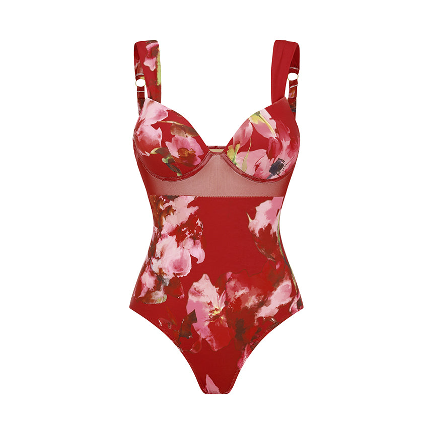 Sling Mesh Paneling Flower Print Red Swimsuit Set(s)