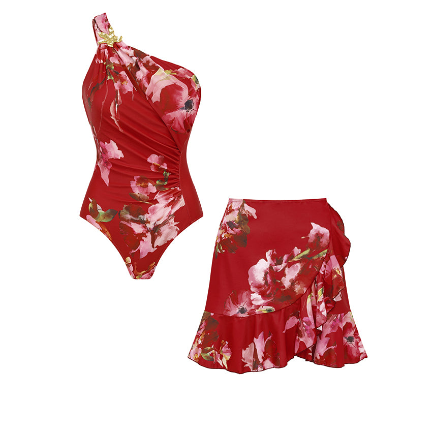 One Shoulder Cut Out Floral Decoration Print Swimsuit Set(s)