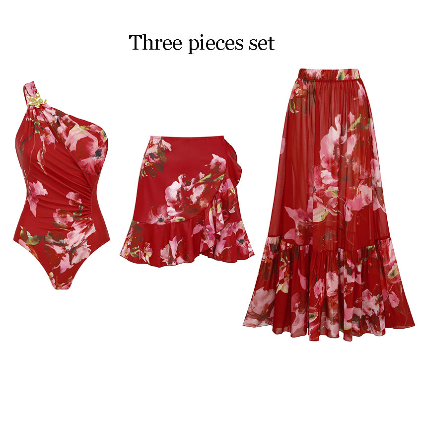One Shoulder Cut Out Floral Decoration Print Swimsuit Set(s)