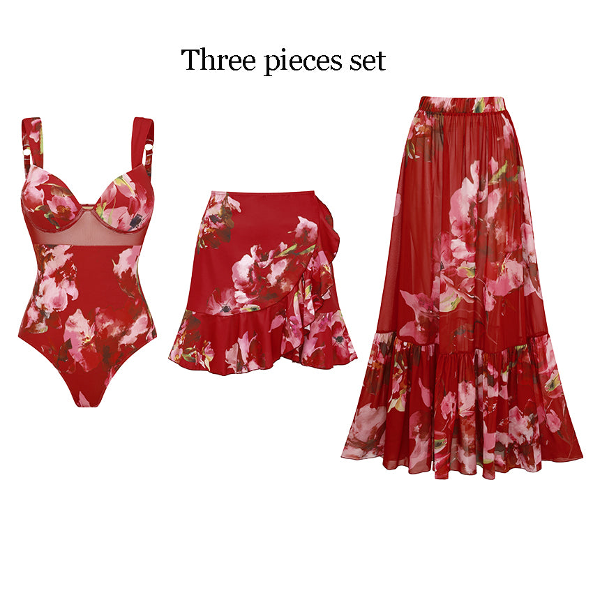 Sling Mesh Paneling Flower Print Red Swimsuit Set(s)