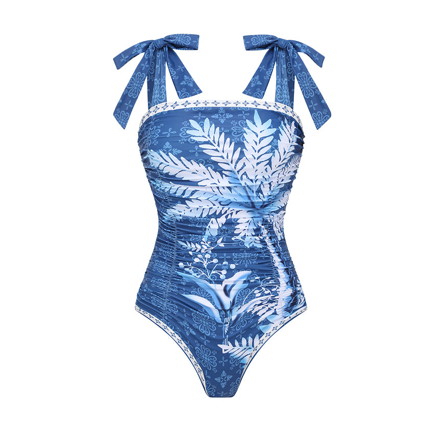 Sling Tummy Control Blue Coconut Tree Print Swimsuit Set(s)