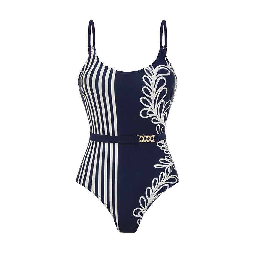 Adjustable Shoulder Straps Printed Navy Blue Swimsuit Set(s)