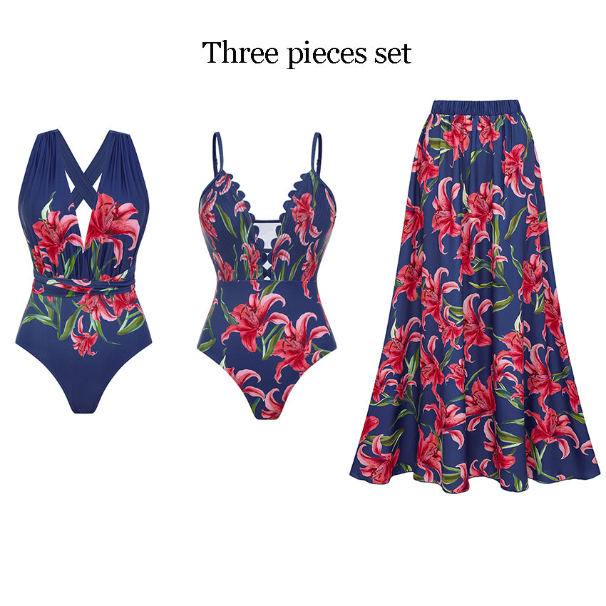 Adjustable Shoulder Straps Blue Print Swimsuit Set(s)