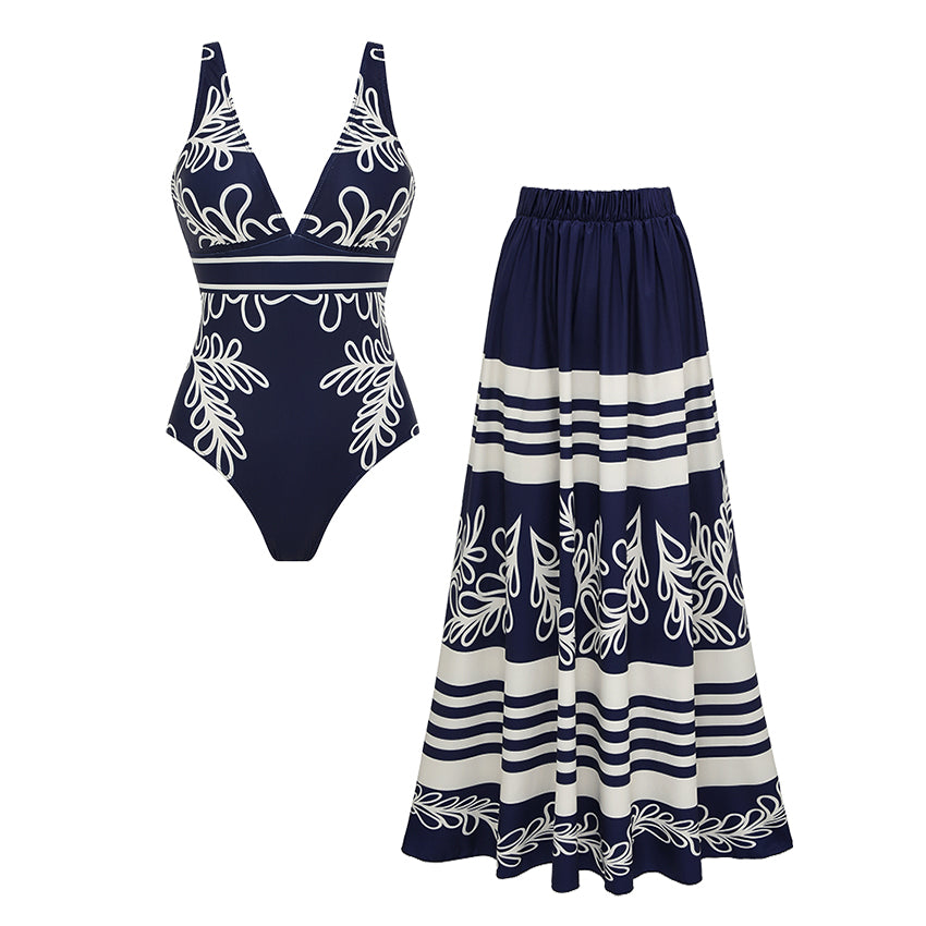V Neck Blue Printed Swimsuit Set(s)
