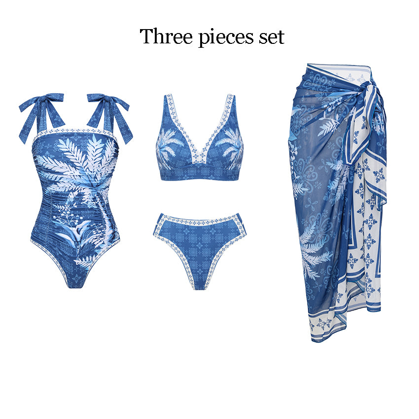 Sling Tummy Control Blue Coconut Tree Print Swimsuit Set(s)