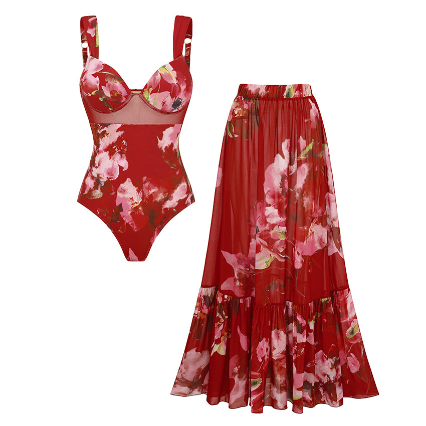 Sling Mesh Paneling Flower Print Red Swimsuit Set(s)