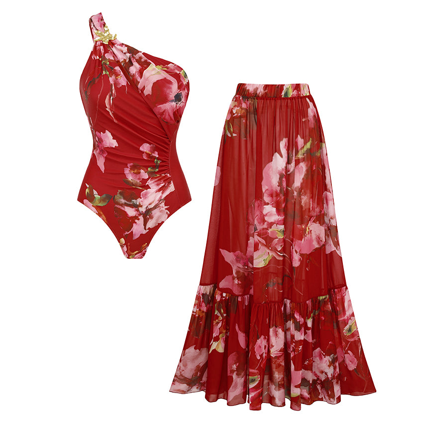One Shoulder Cut Out Floral Decoration Print Swimsuit Set(s)