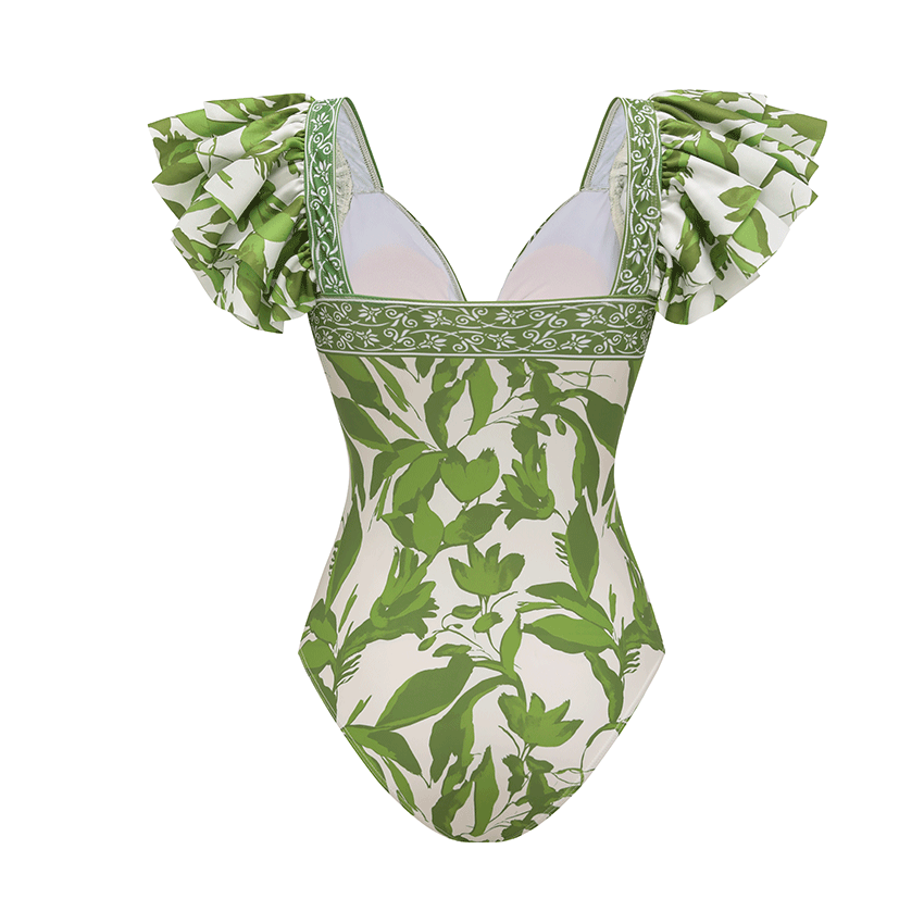 Plus Size Ruffle V Neck Green Print Cut Out Swimsuit Set(s)