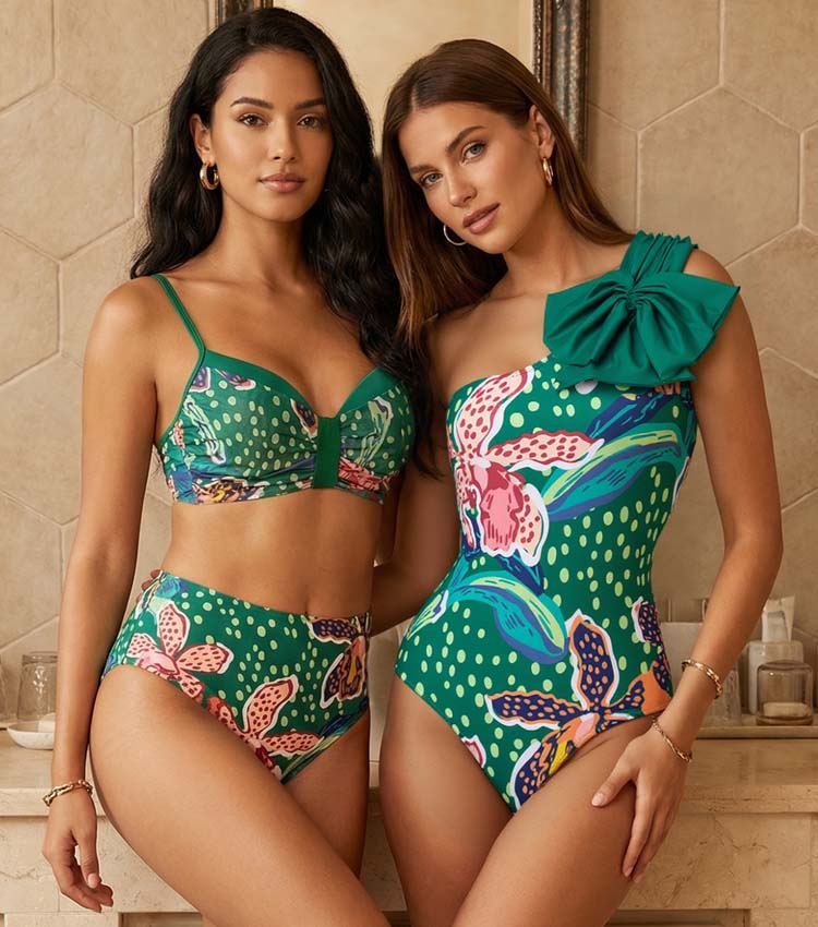 Plus Size Tropic Printed One Shoulder One Piece Swimsuit and Sarong Flaxmaker